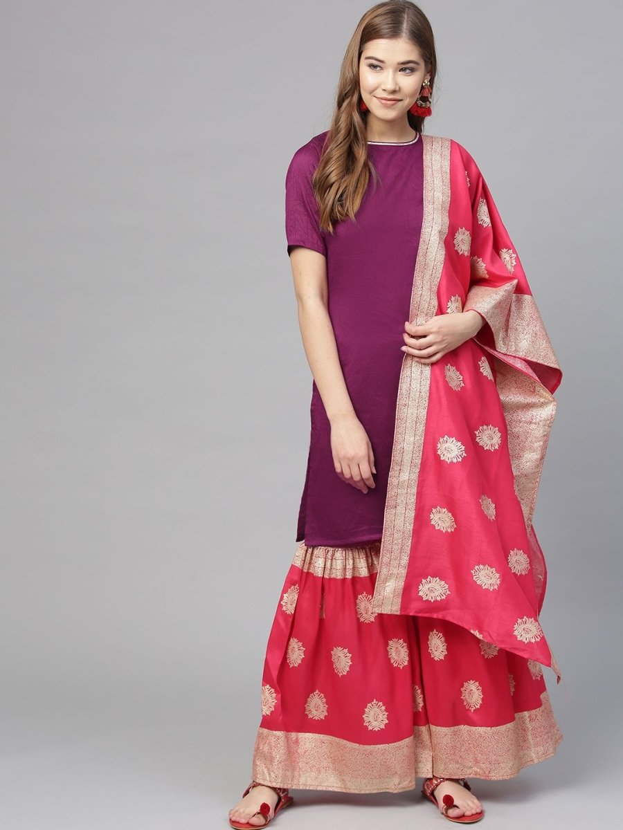 Ahalyaa Women's Purple Poly Silk Solid Kurta and Red Printed Sharara With Dupatta | Swadesiicart