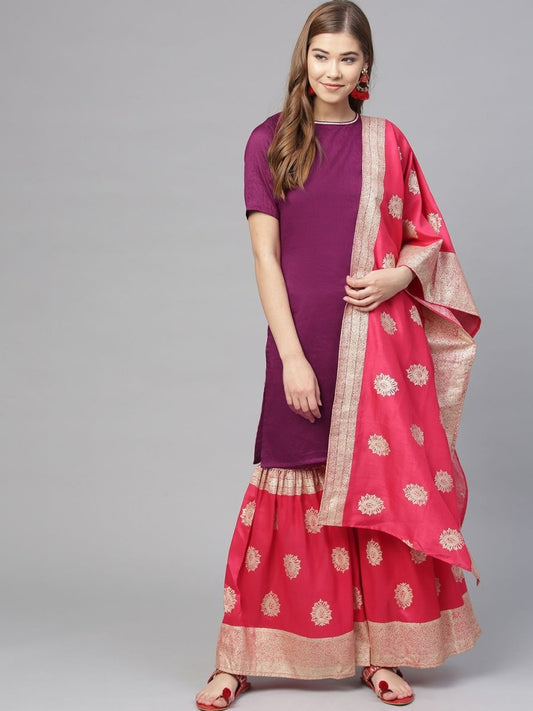 Ahalyaa Women's Purple Poly Silk Solid Kurta and Red Printed Sharara With Dupatta | Swadesiicart