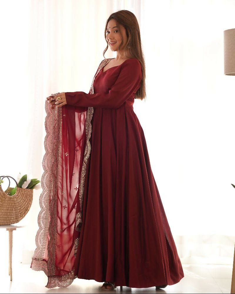Joban Fashion Maroon Kurta Set Chanderi Sequence Embroidery Work - Swadesiicart