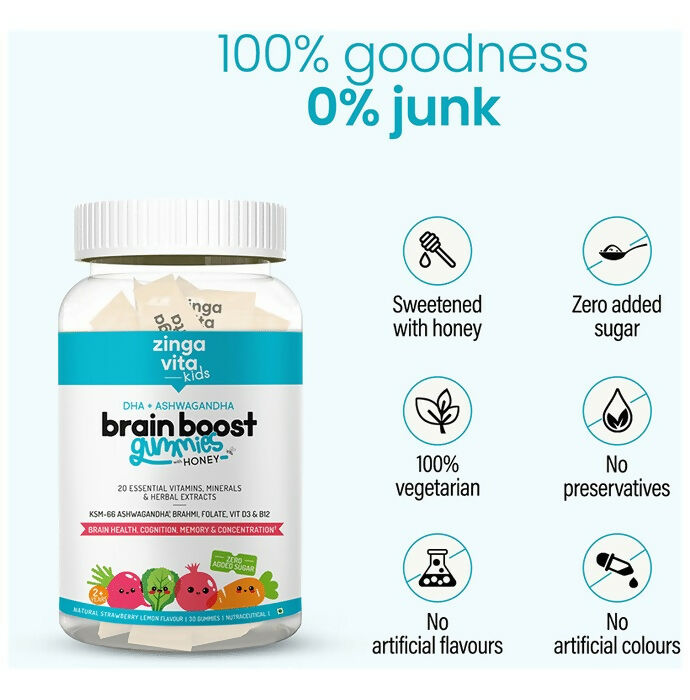 Zingavita DHA Brain Boost Gummies for Kids (2+ yrs) Strawberry Lemon Flavor | Swadesiicart