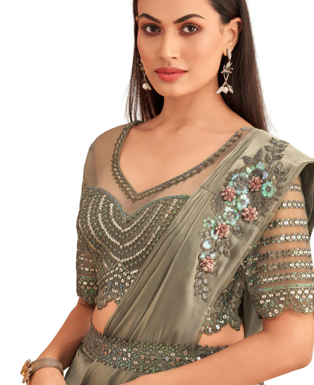 Green Satin Embroidered Ready To Wear Saree With Unstitched Blouse Piece - Nandika | Swadesiicart