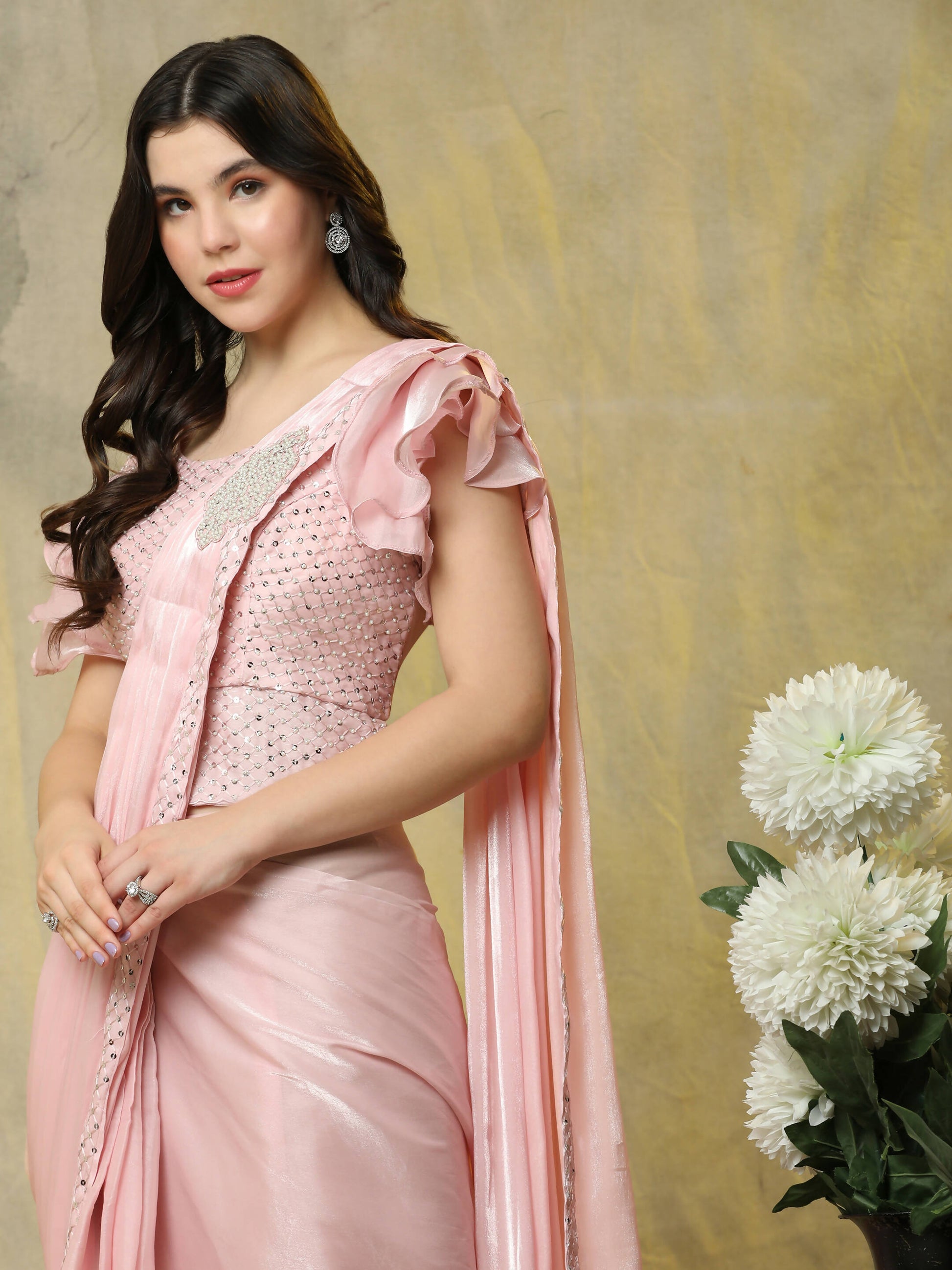Pink Silk Satin Sequence Work Ready to Wear Saree with stitched Blouse - Nirvana | Swadesiicart