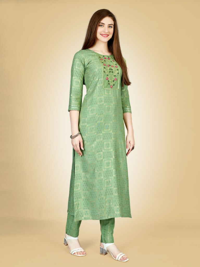 Jyoti Fashion Women's Sea Green Viscose Rayon Embroidered Kurta Pant Set | Swadesiicart