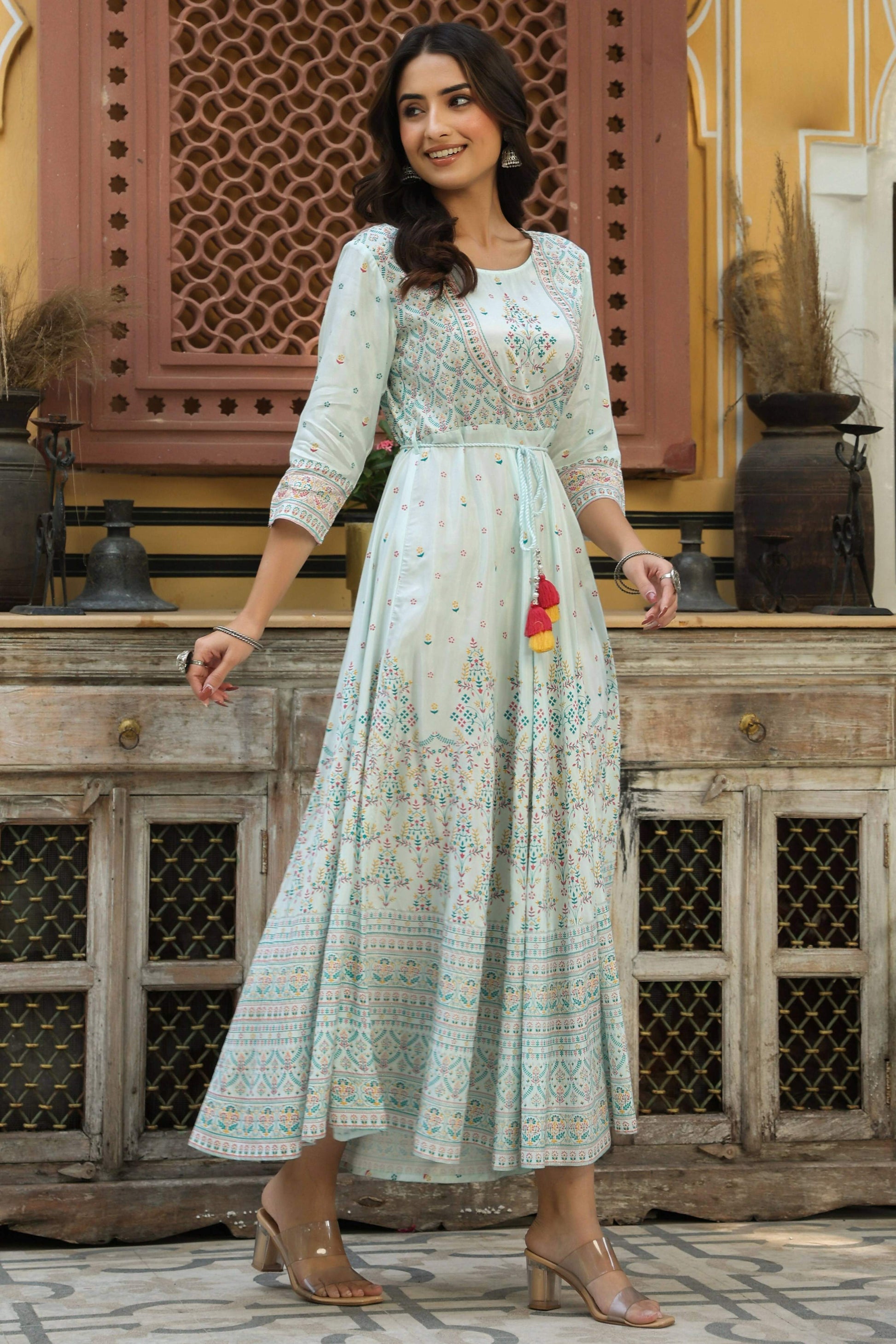 Juniper Women's Skyblue Viscose Shantoon Festive Printed Flared Dress | Swadesiicart