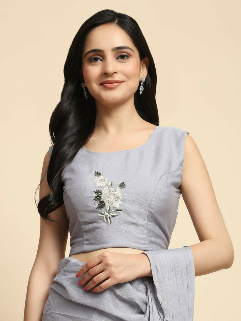 Grey Chiffon Solid Ready to wear Saree with stitched Blouse - Aayan | Swadesiicart