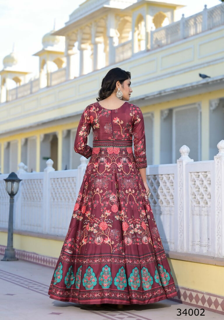 Partywear Designer Maroon Dola Silk Anarkali suit with Dupatta - Suzen - Swadesiicart