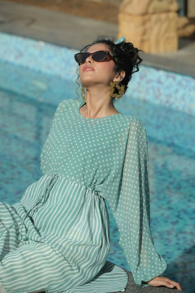 Juniper Women Sagegreen Georgette Bandhani High-Low Tunic | Swadesiicart