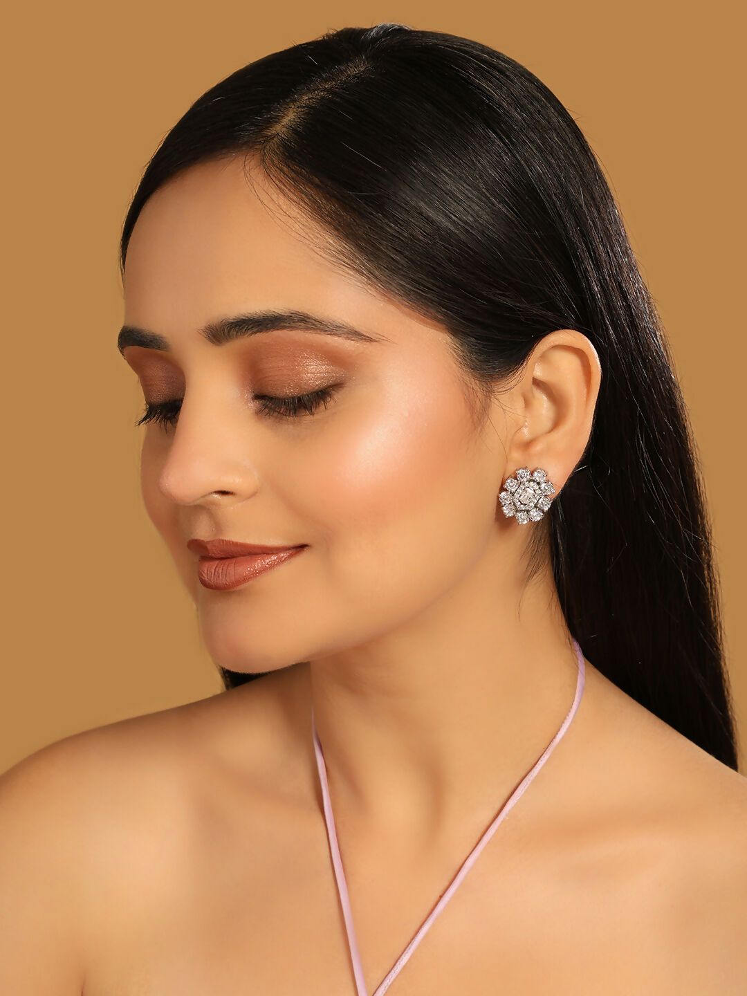 Nuyug Silver Blossom Diamond Studs | Swadesiicart