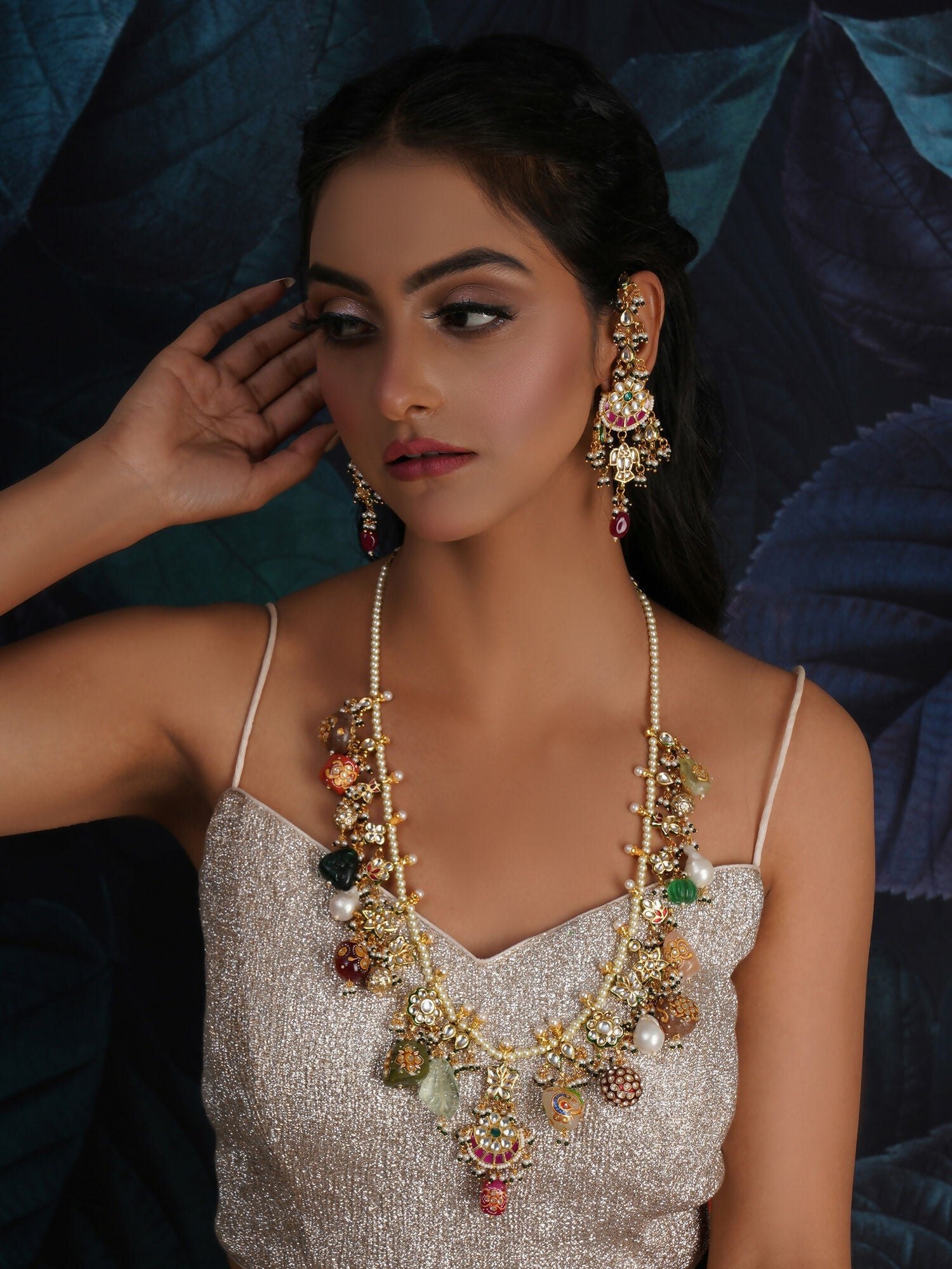 Long Kundan Neckpiece with Earrings with Multi Stones Jewellery Set (Gold) - Ruby Raang - Ruby Raang Studio