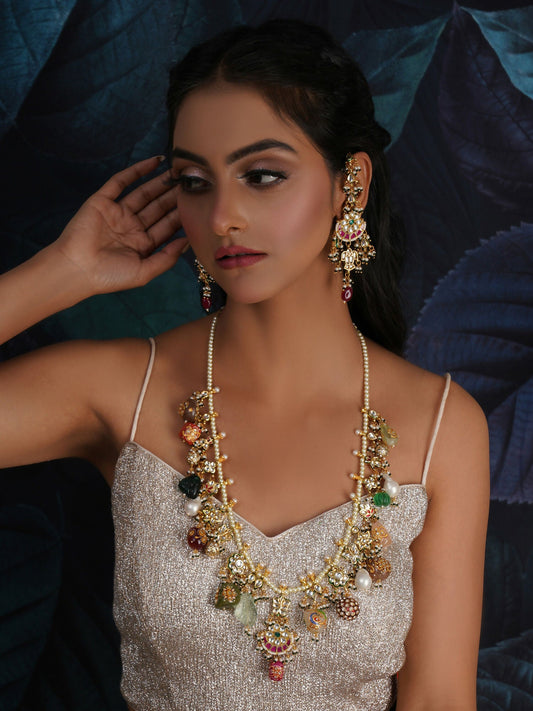 Long Kundan Neckpiece with Earrings with Multi Stones Jewellery Set (Gold) - Ruby Raang - Ruby Raang Studio