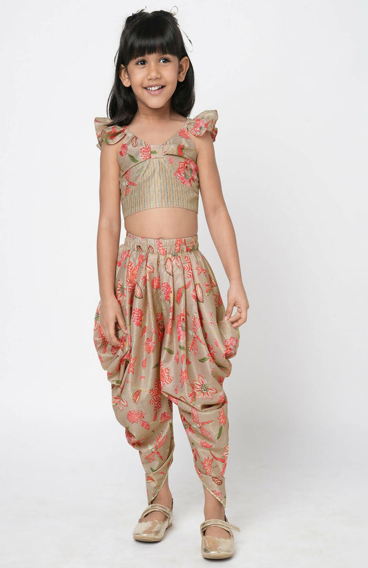 Lil Drama Golden Weaves Beige Crop Top With Dhoti Co-Ordinate Set - Swadesiicart