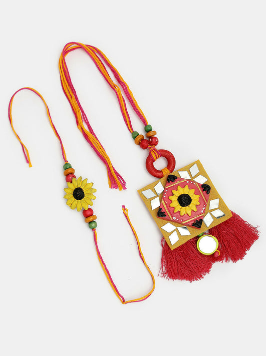 NVR Women & Men Set of 2 Red & Yellow Mirror Work Handcrafted Bhaiya Bhabi Rakhi With Roli Chawal | Swadesiicart