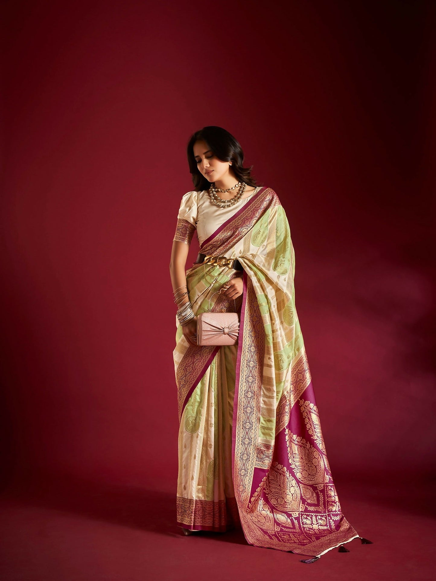 Joban Fashion Cream & Parrot Green Plain With Weaving Border Banarasi Silk Sarees | Swadesiicart