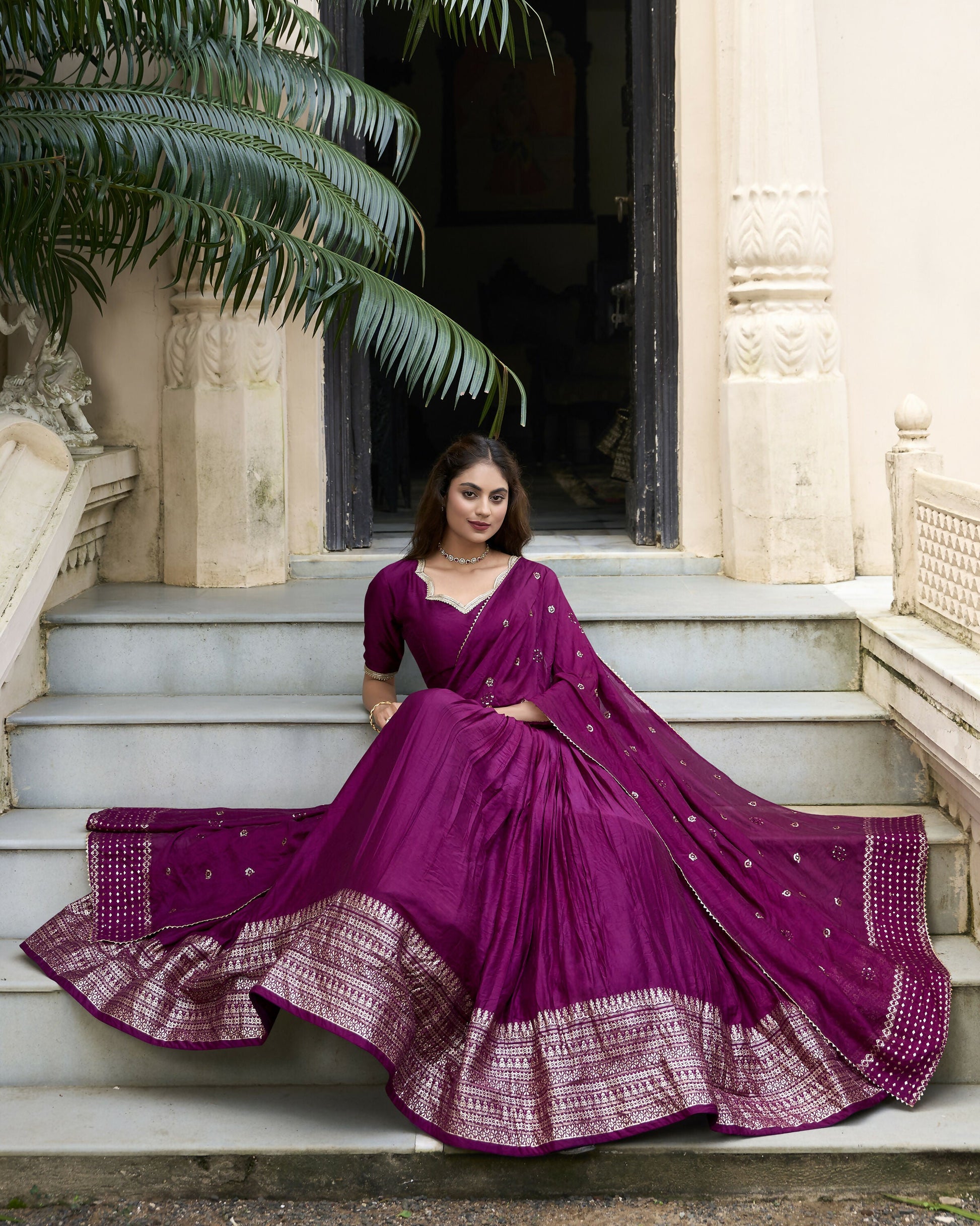 Lorenvalley Wine Pure Chanderi Plain With Zari Weaving Work Border Lehenga Choli | Swadesiicart
