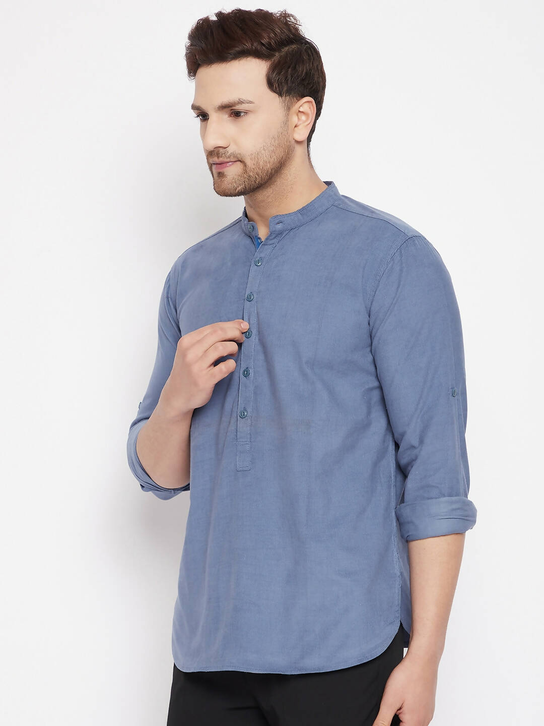 Even Apparels Blue Color Pure Cotton Short Men's Kurta With Band Collar | Swadesiicart