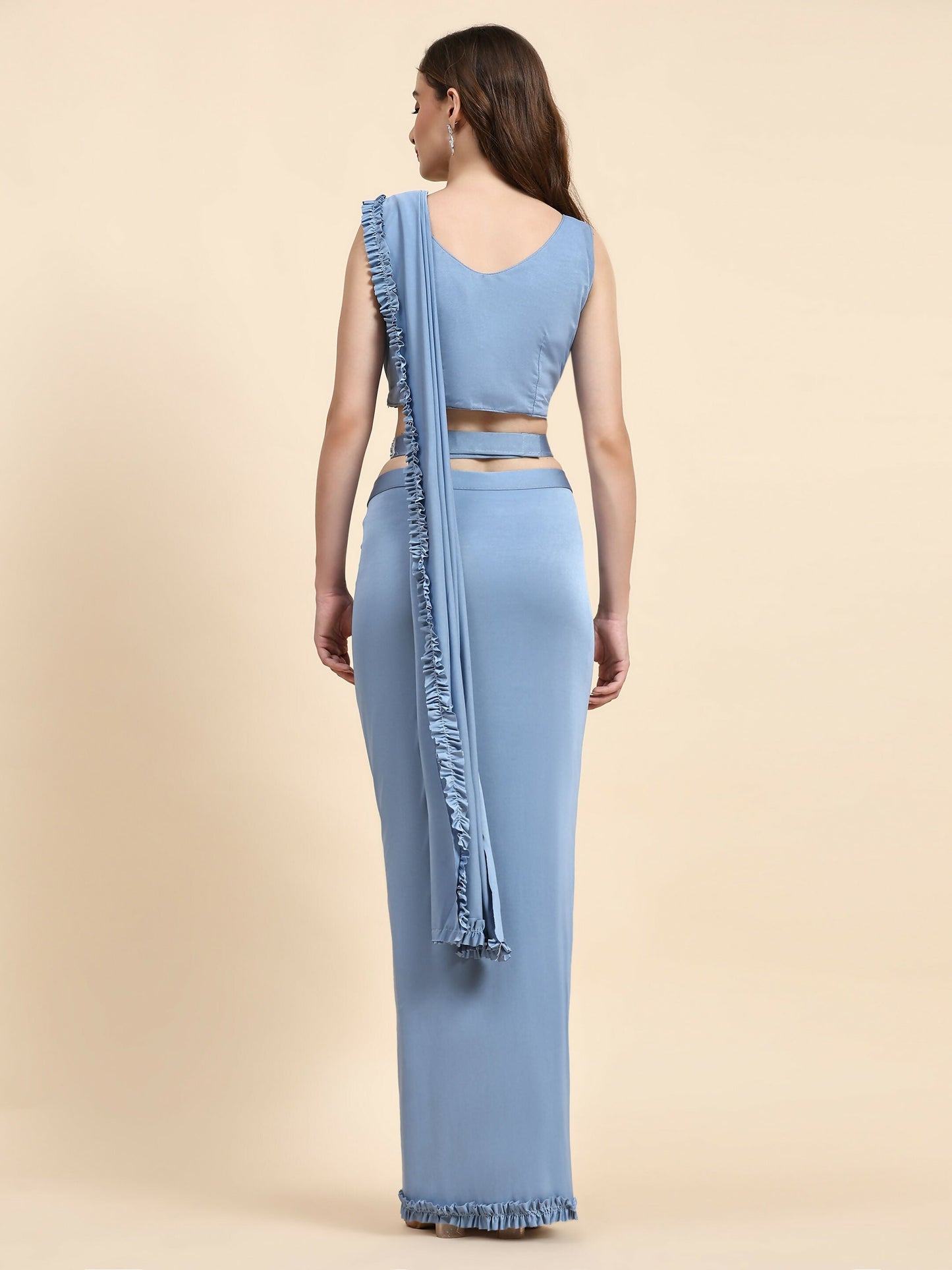 Blue Lycra Solid Ready to wear Saree with stitched Blouse - Vanita | Swadesiicart