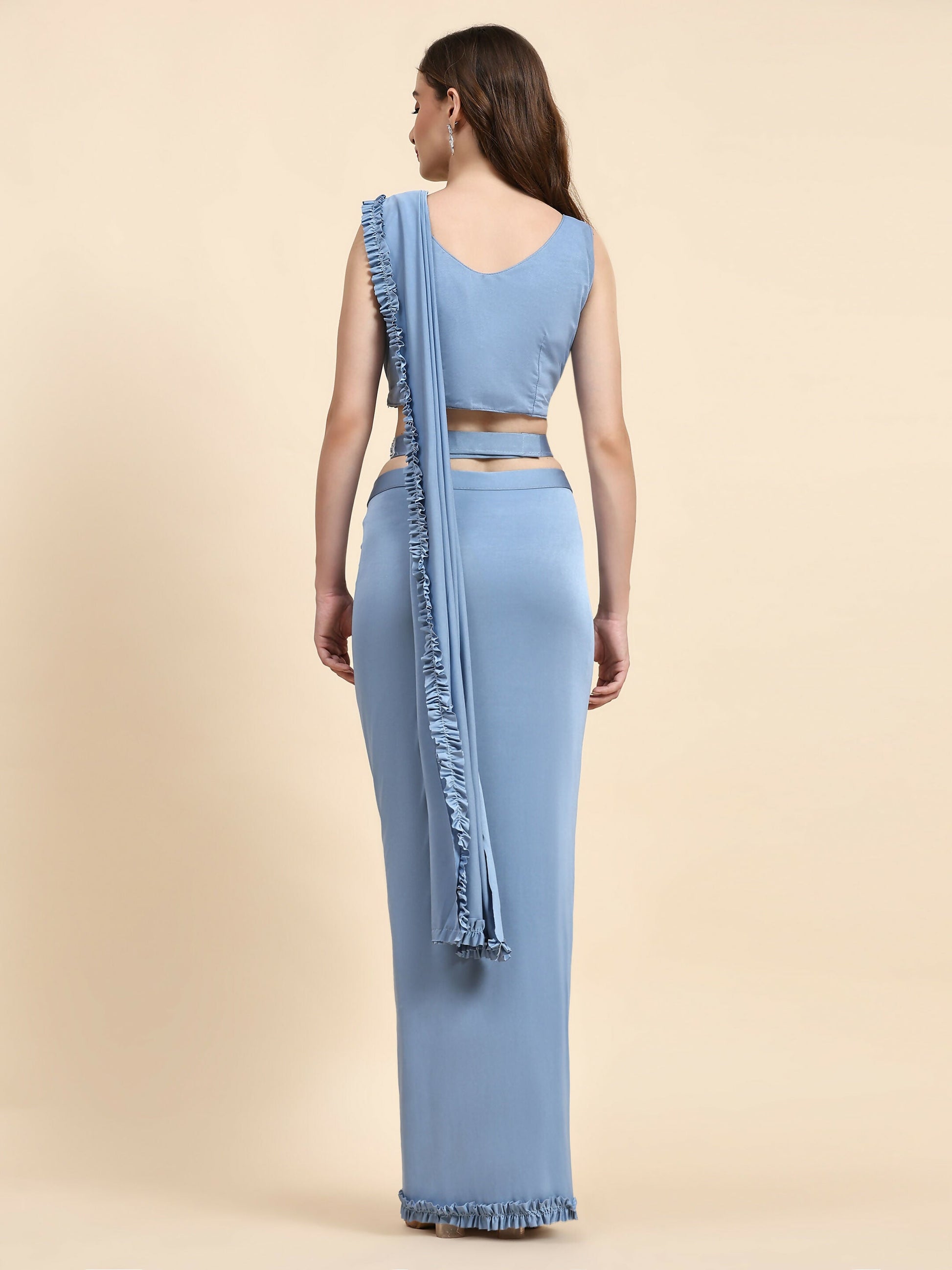 Blue Lycra Solid Ready to wear Saree with stitched Blouse - Vanita | Swadesiicart