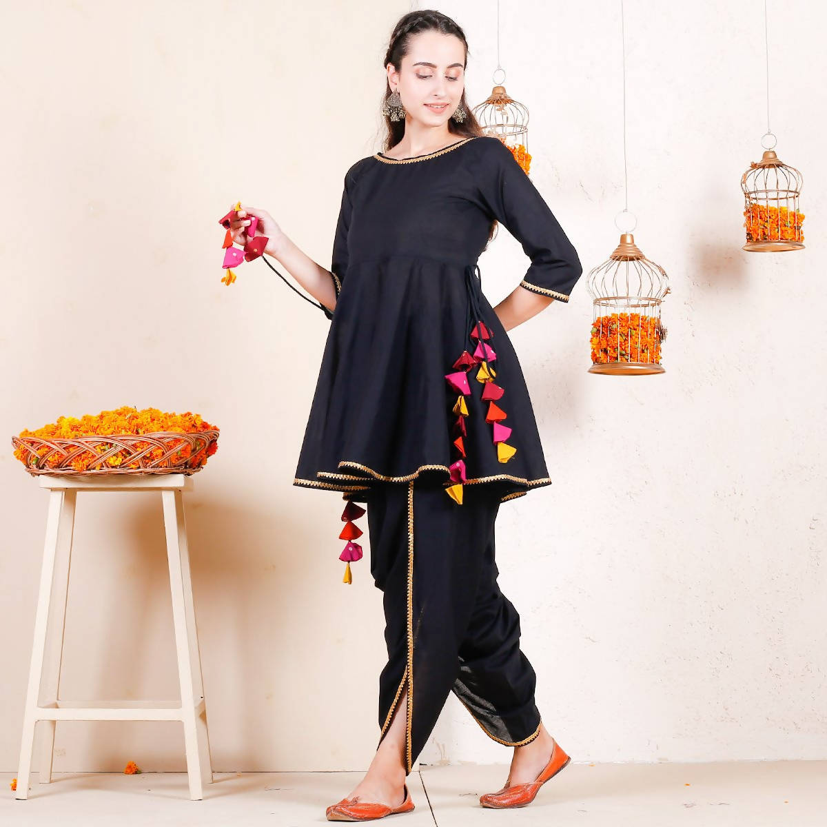Cheera Black Dhoti Peplum Top Set With Multicolour Tassels (CH125KD) - Swadesiicart
