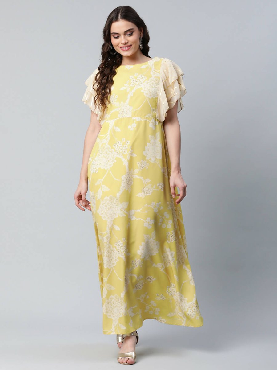 Ahalyaa Womens Lemon Yellow Crepe Floral Dress | Swadesiicart