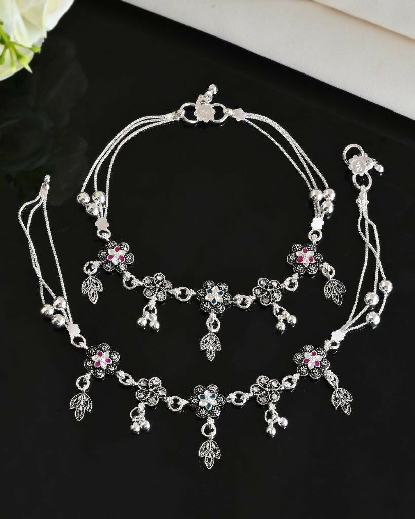 VOJ Set of 2 Silver Plated Flower Shaped Stone Studded Anklet - Swadesiicart