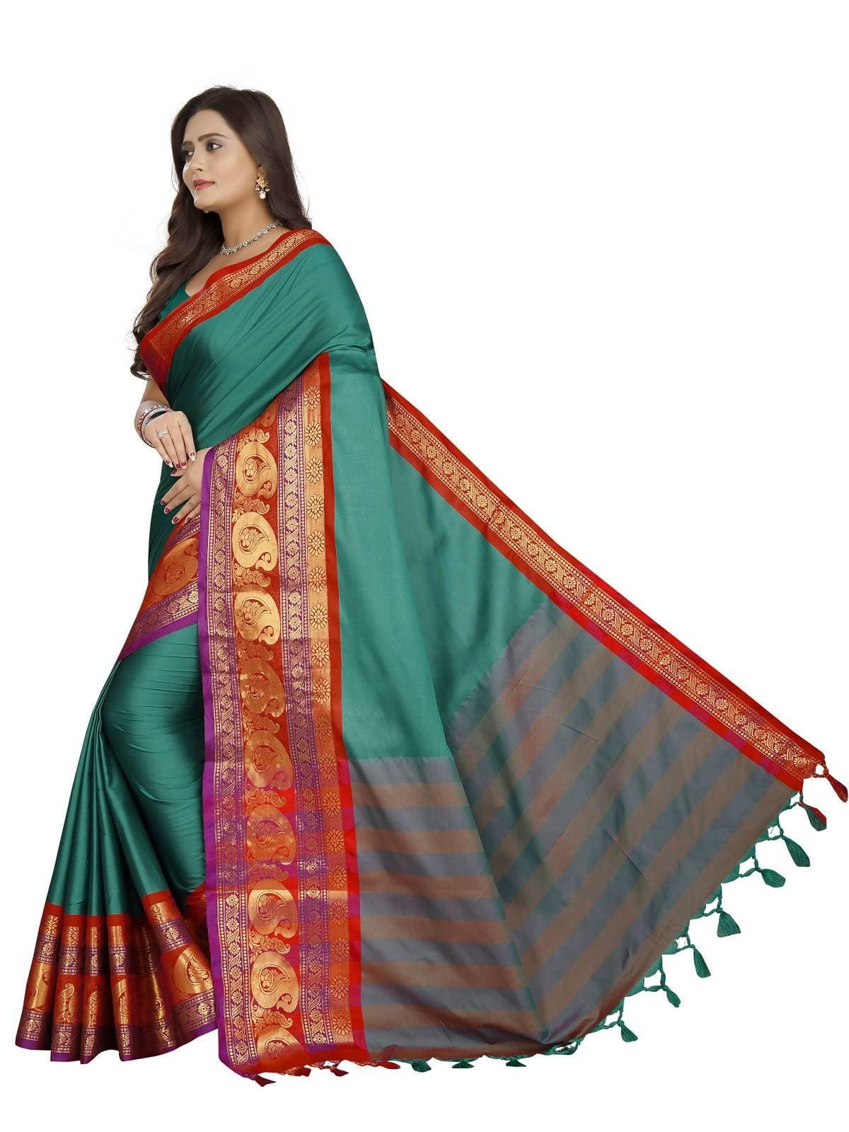 Vamika Banarasi Silk Rama Green Weaving Saree | Swadesiicart