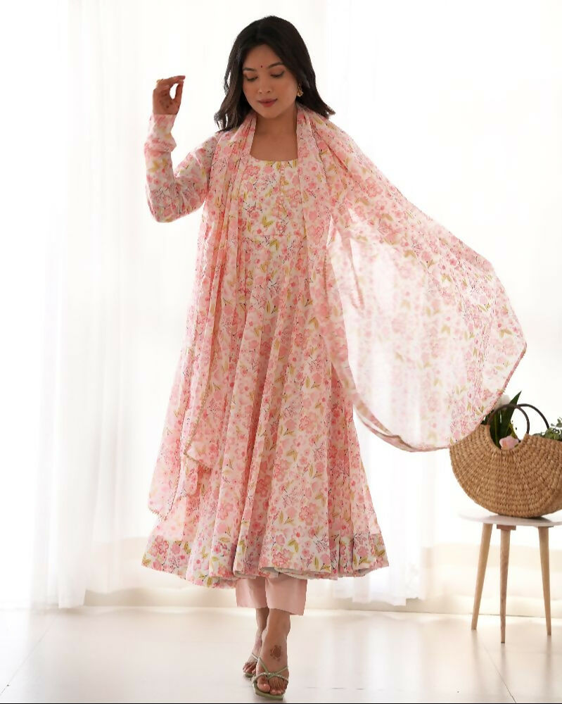 Joban Fashion Peach Kurta Set Organza Sequin Embroidery Work - Swadesiicart