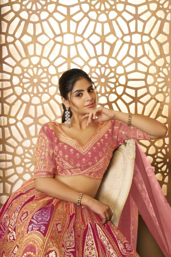 Kesar Fab Pink Banarasi Silk Embroidered Lehenga | Swadesiicart