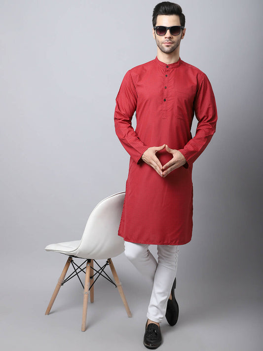 Even Apparels Maroon Cotton Checked Men's Kurta With Band Collar | Swadesiicart