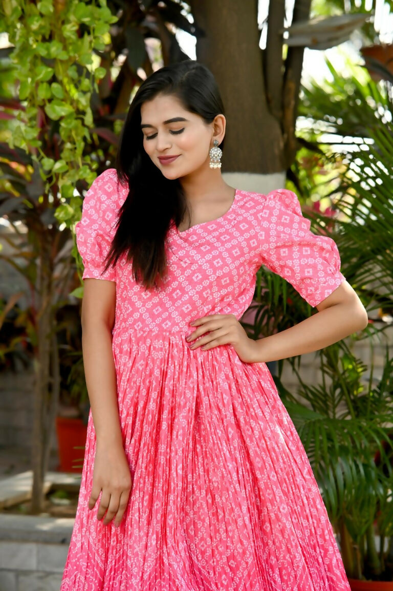 Jyoti Fashion Women's Pink Bandhej Print with Crush Pleating Muslin Anarkali Dress | Swadesiicart