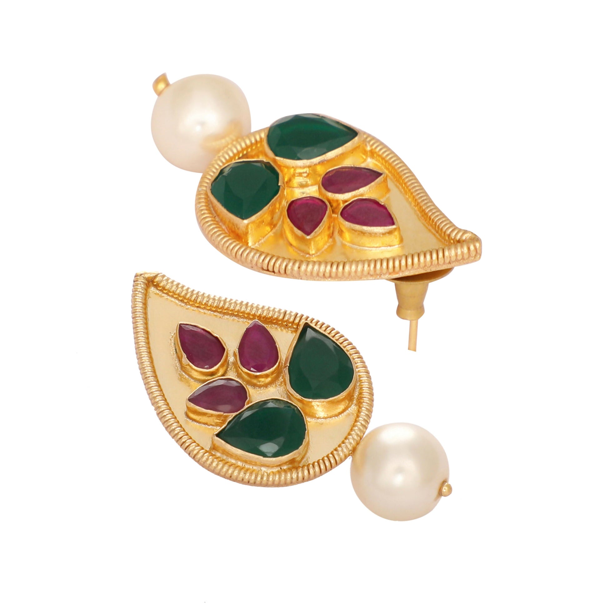 Nuyug 22K Gold Plated Emarald Stone Studded Contemporary Petal Shaped Pearl Drop Stud Earrings | Swadesiicart