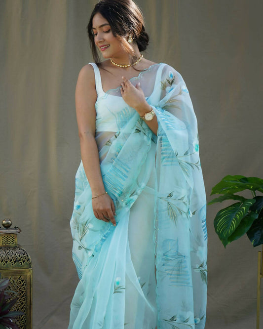 Vamsee Sky Organza Saree - Swadesiicart