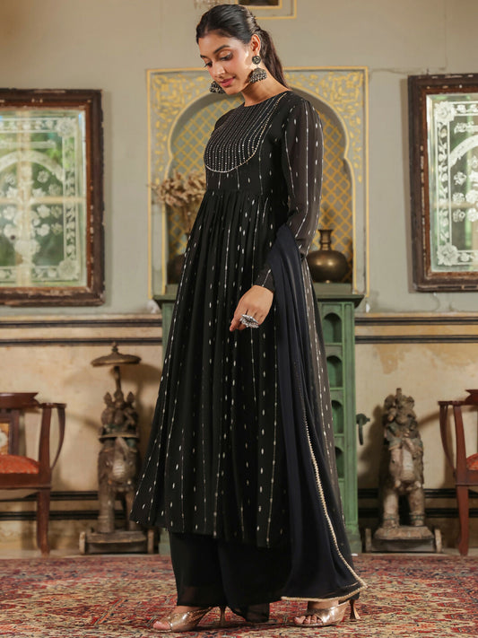 Janasya Black Georgette Foil Print Kurta,Bottom & Dupatta | Swadesiicart