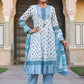 Juniper Women's White Cotton Voile Floral Printed Kurta With Cambric Straight Pant And Voile Duptta | Swadesiicart