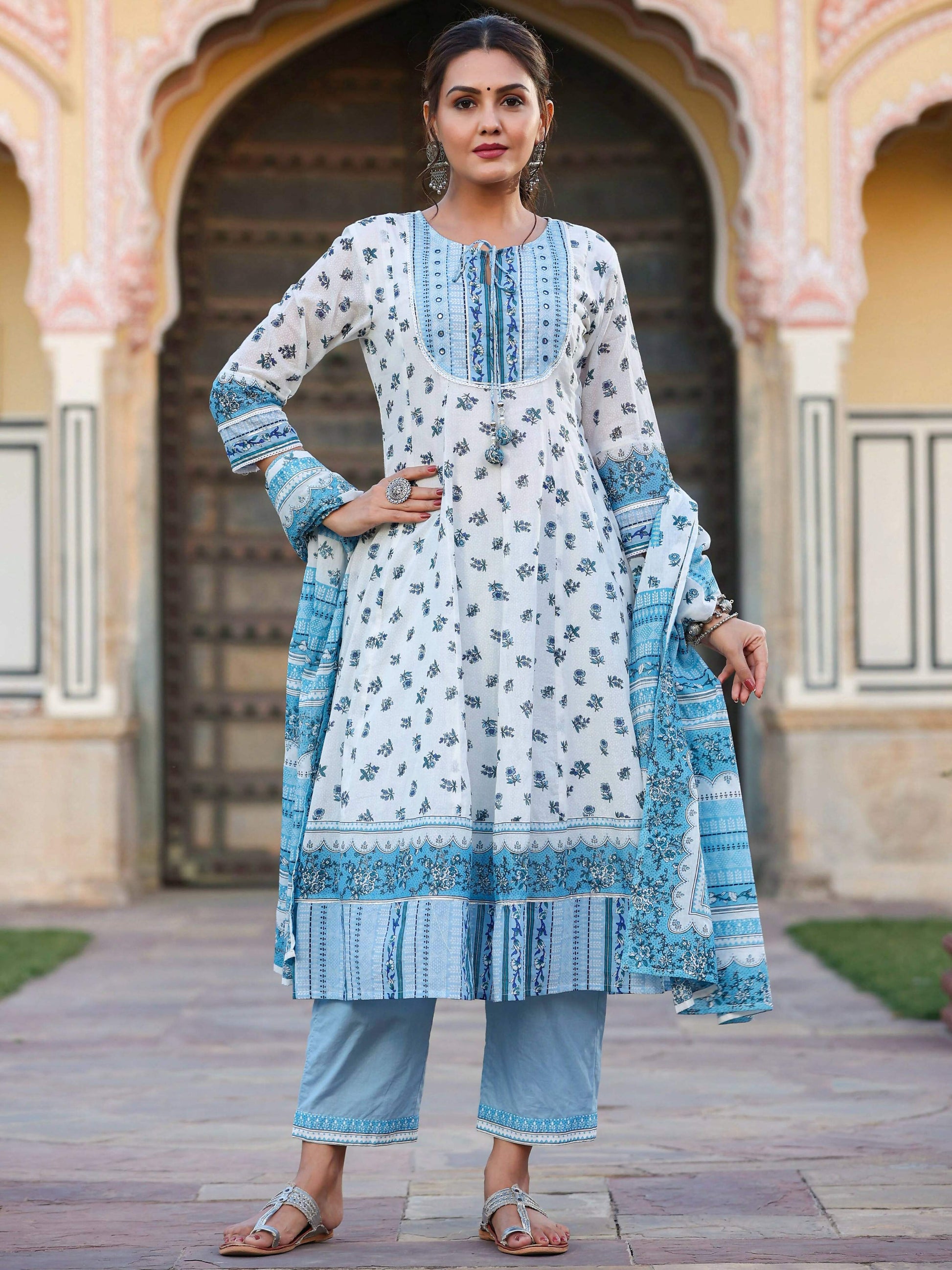 Juniper Women's White Cotton Voile Floral Printed Kurta With Cambric Straight Pant And Voile Duptta | Swadesiicart