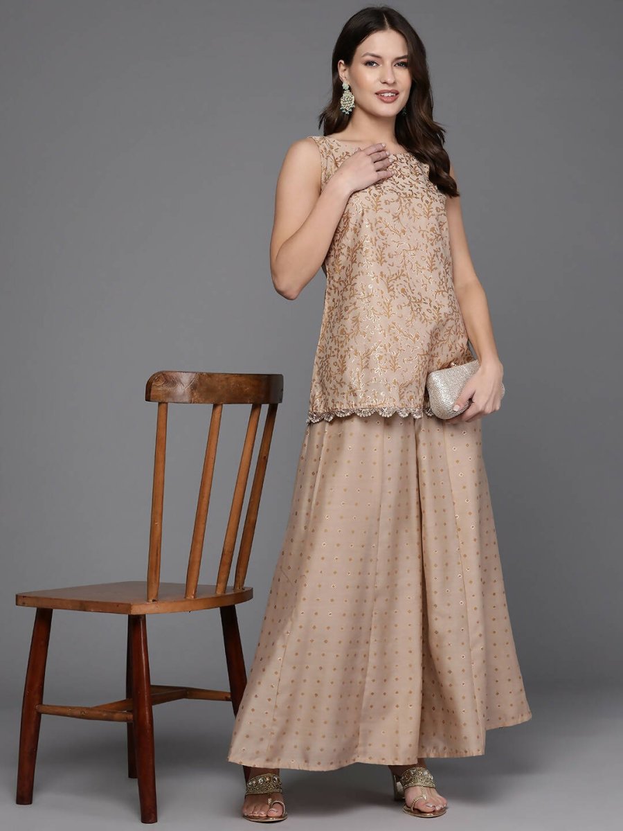Ahalyaa Women Floral Printed Top with Palazzos - Tan Color | Swadesiicart