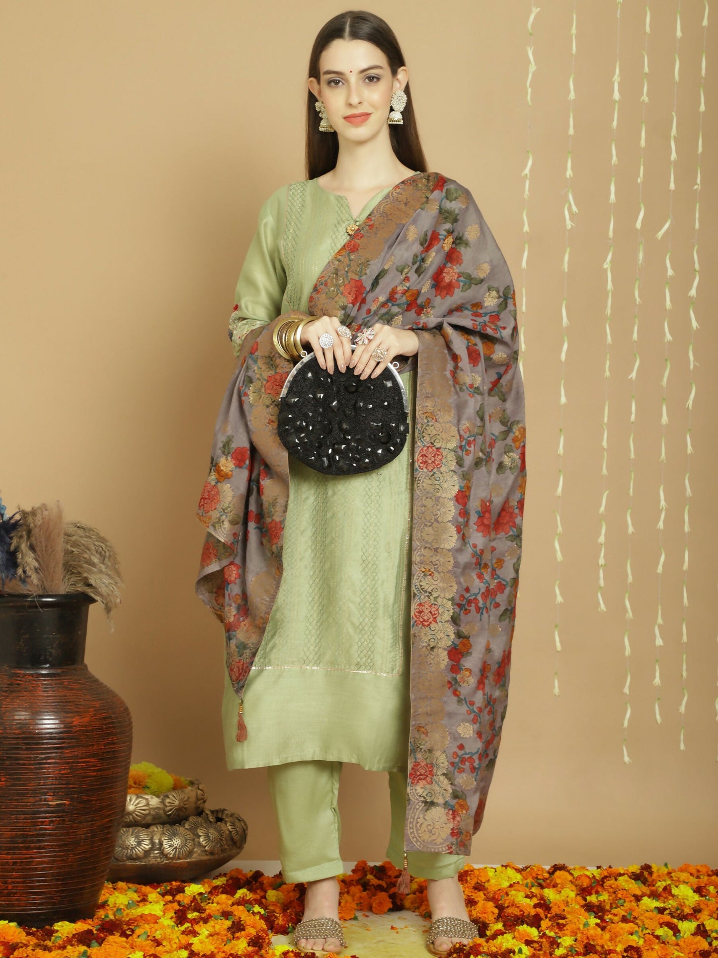 Jyoti Fashion Women's Green Chanderi Silk Elegant Jardoshi Semi Kurta with Trouser & Dupatta | Swadesiicart