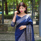 Vishnu Weaves Women's Blue Handloom Raw Silk Woven Border Saree with Unstitched Blouse - Swadesiicart