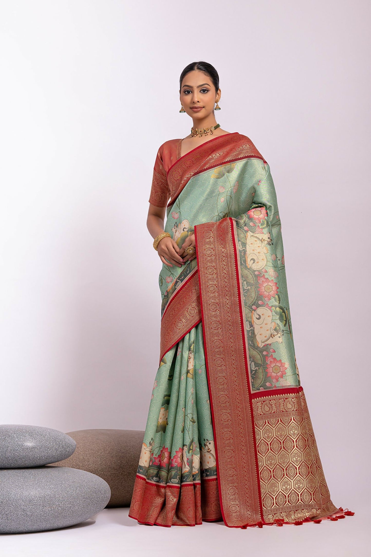 Vishnu Weaves Women's Pista Tissue Silk Zari Woven Saree with Blouse - Swadesiicart
