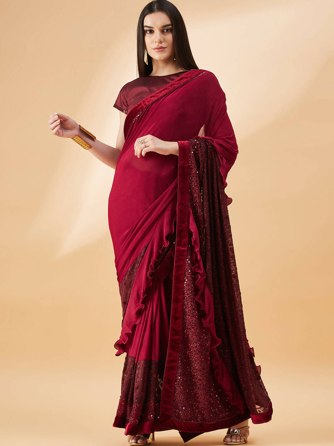 Maroon Lycra Embossed Fancy Velvet, Sequins Embroidery, Frill Details Saree - Norita Hit Design - Swadesiicart