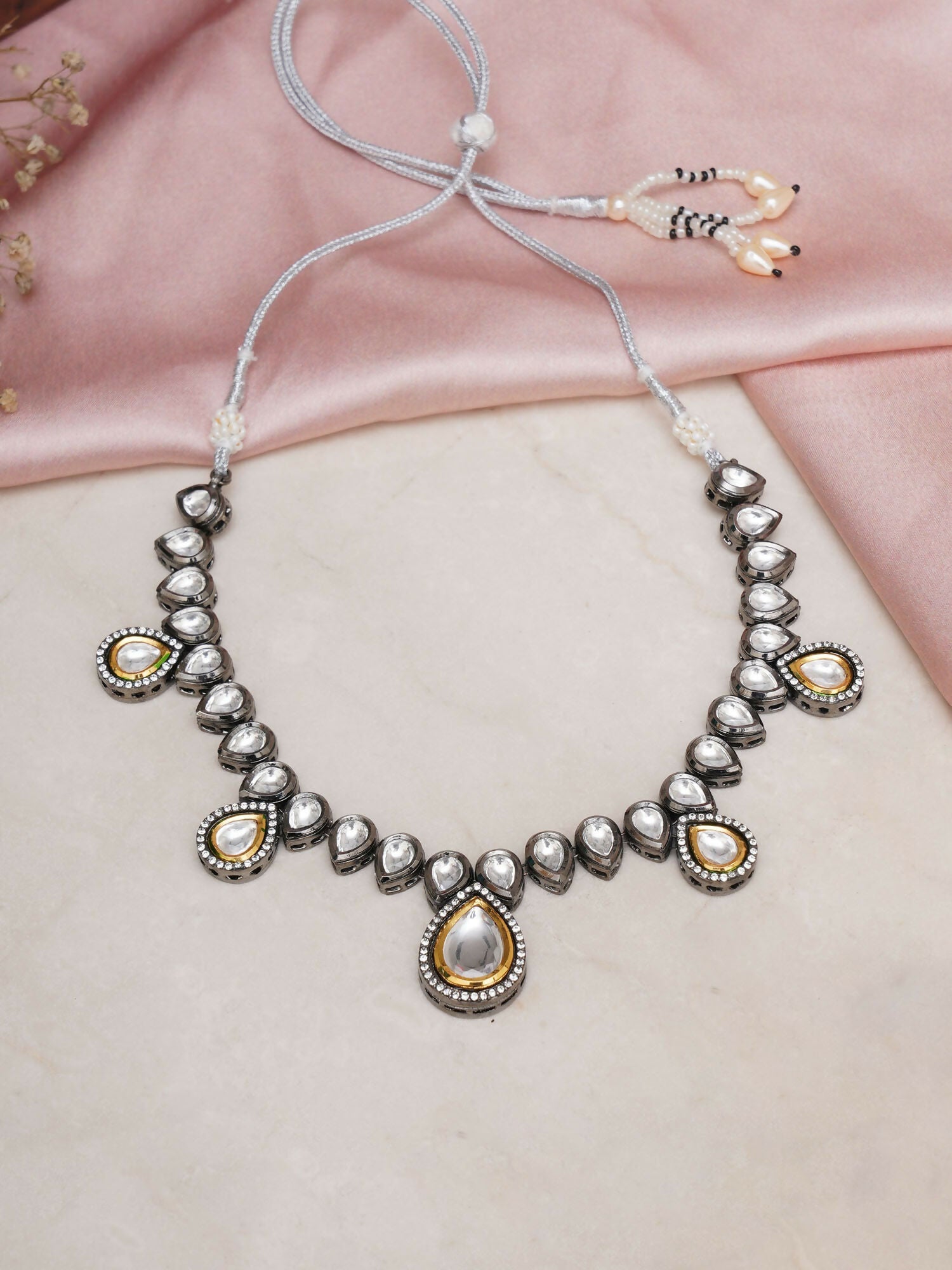 Dual Tone Kundan Neckpiece (silver) - Ruby Raang | Swadesiicart