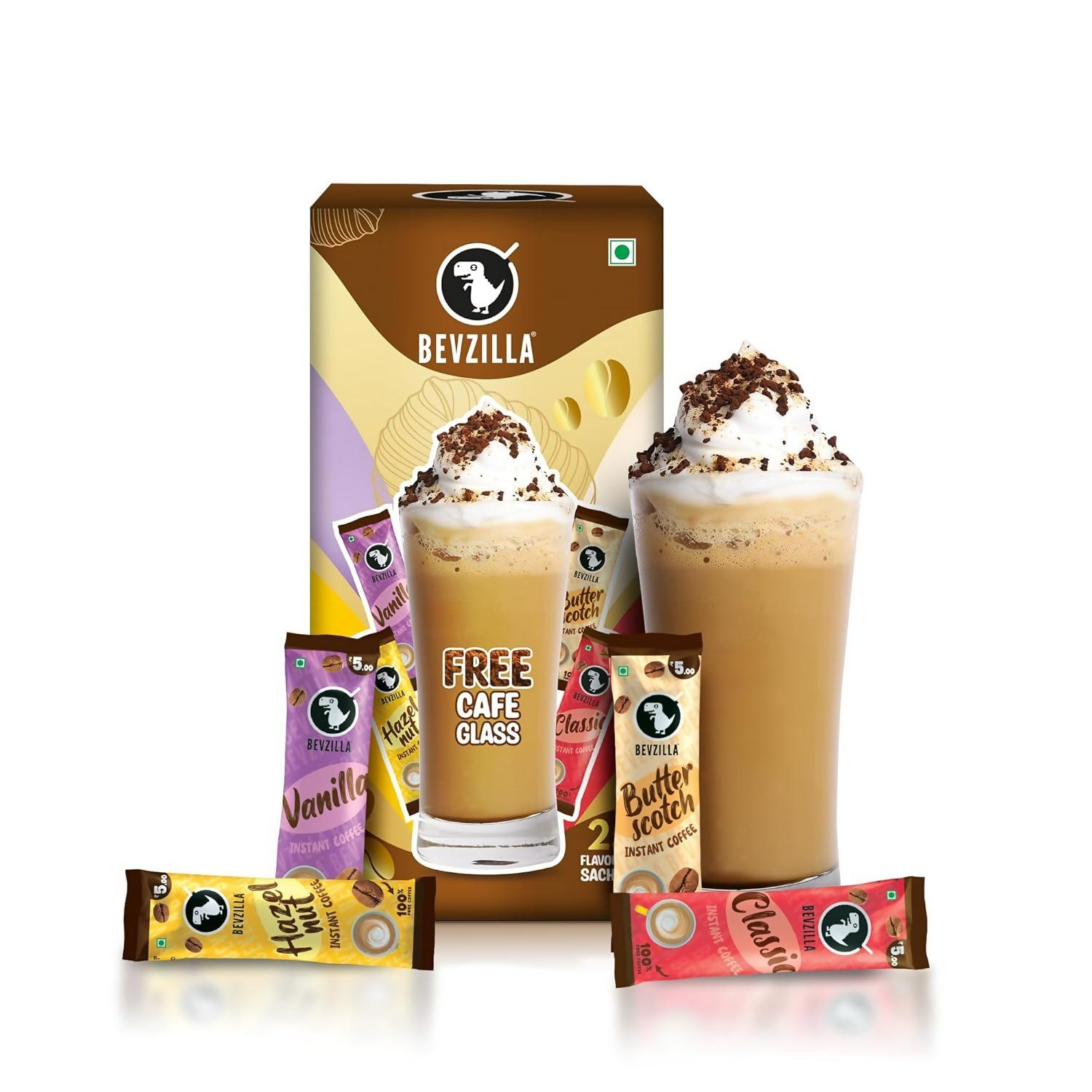 Bevzilla Premium Glass & 25 Flavoured Coffee Sachets | Swadesiicart