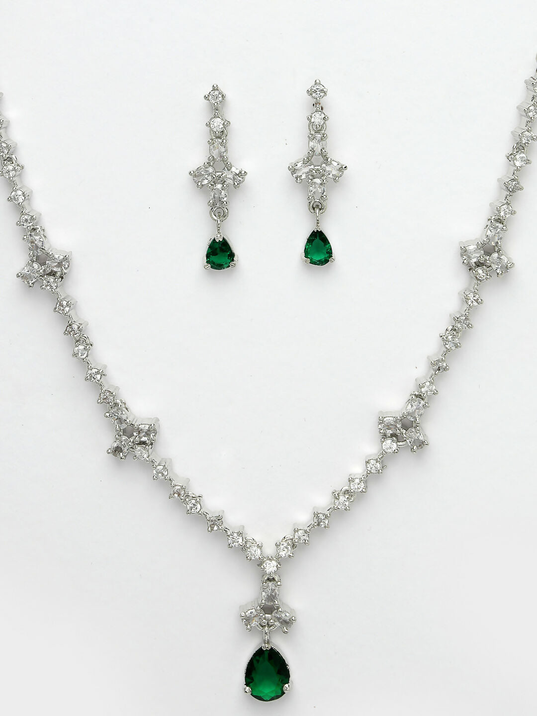 NVR Women's Silver-Plated Green American Diamond Studded Jewellery Set - Swadesiicart