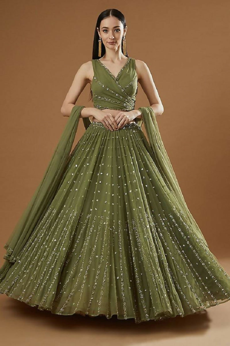 Jyoti Fashion Glamorous Olive Green Zari and Thread Embroidered Georgette Lehenga Choli with Dupatta | Swadesiicart