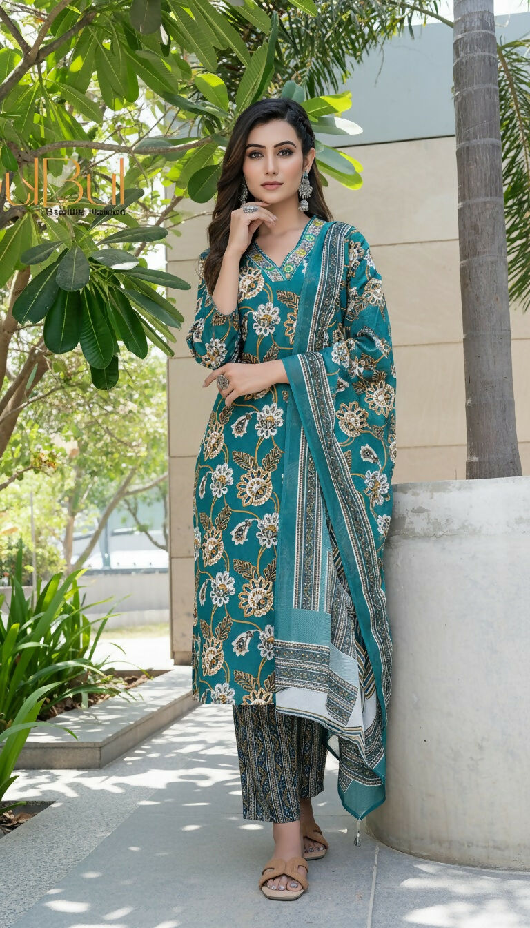 BulBul Fashionista Green Cotton Kurta Set with Dupatta - Swadesiicart