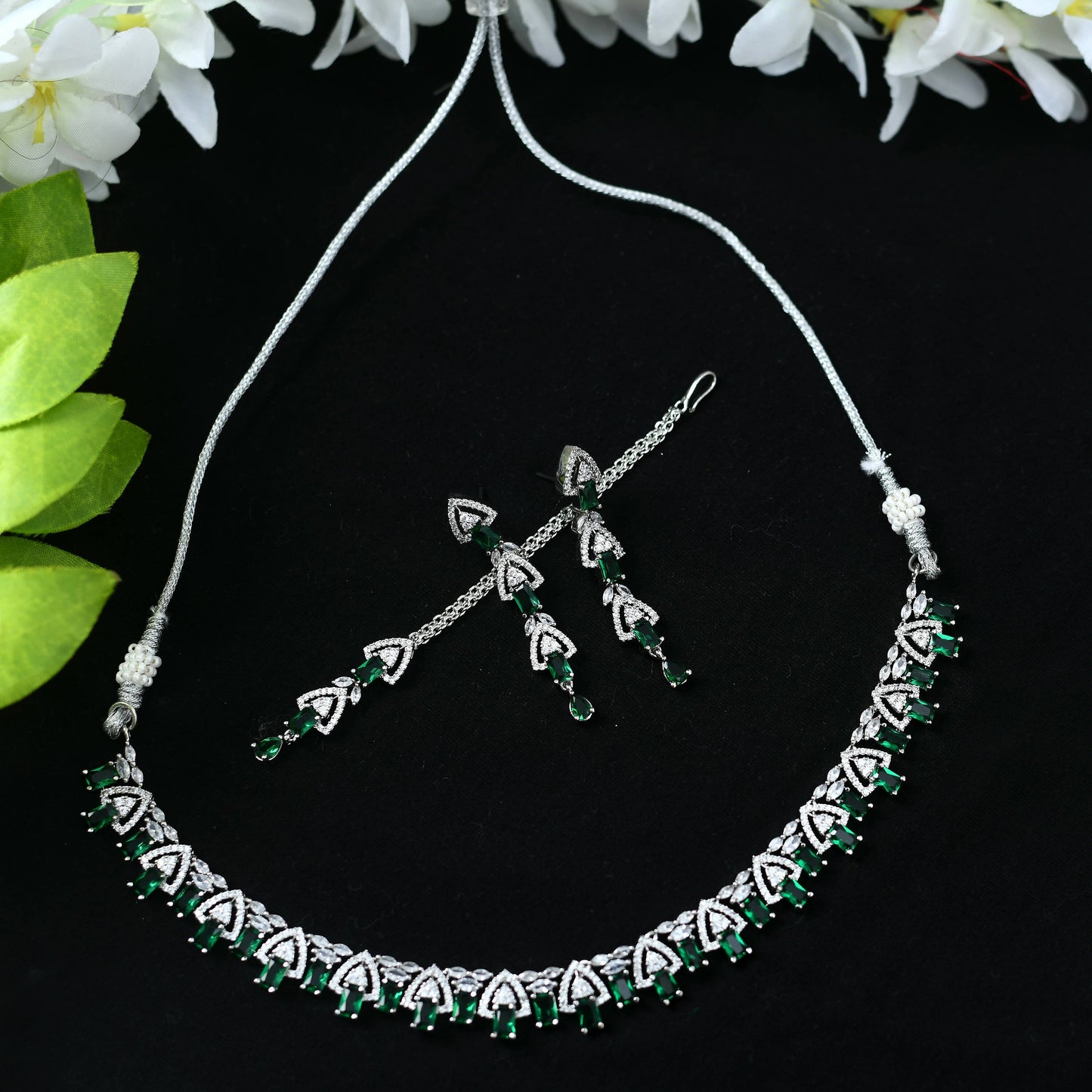 Mominos Fashion Johar Kamal Silver-Plated American Diamond Green Choker Set | Swadesiicart