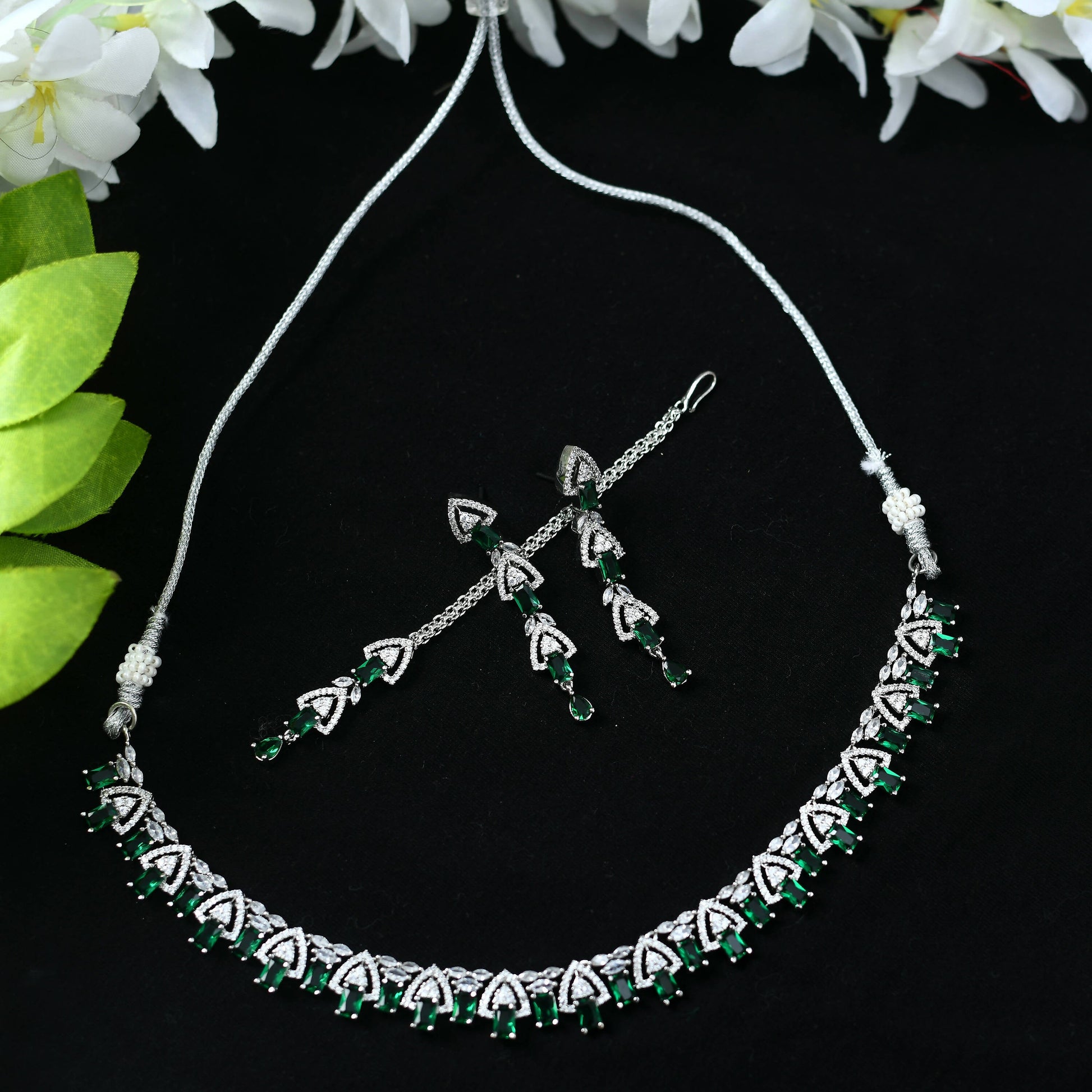 Mominos Fashion Johar Kamal Silver-Plated American Diamond Green Choker Set | Swadesiicart