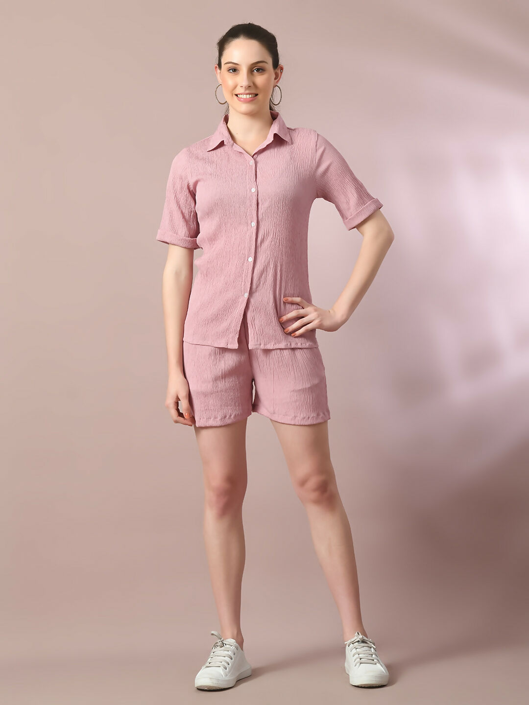 Myshka Women's Pink Solid Shirt Collar Party Shirt With Shorts Co-ord set - Swadesiicart