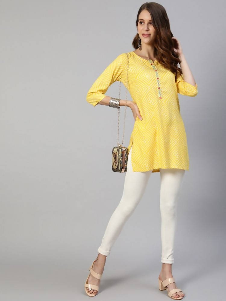 Anubhutee Yellow & White Bandhani Printed Kurti | Swadesiicart