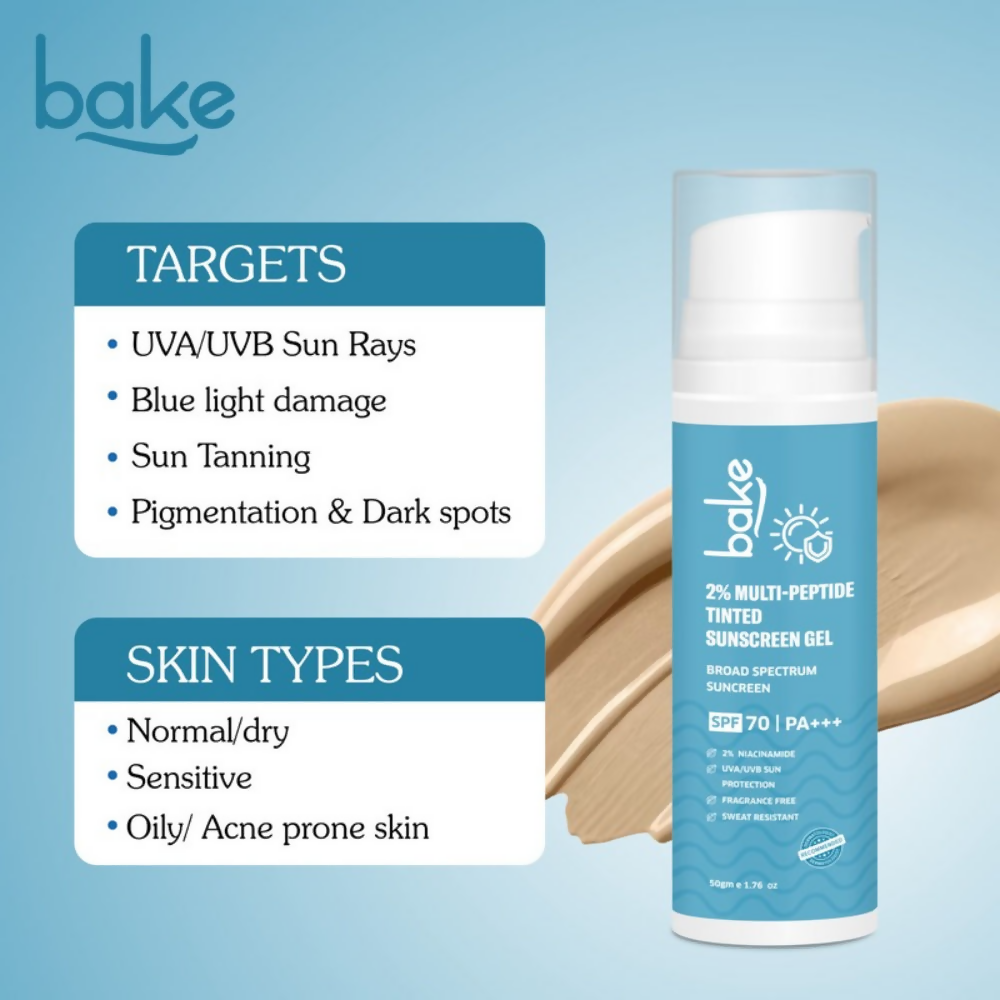 Bake 2% Multi Peptide Tinted Sunscreen Gel SPF 70 PA+++ | Swadesiicart
