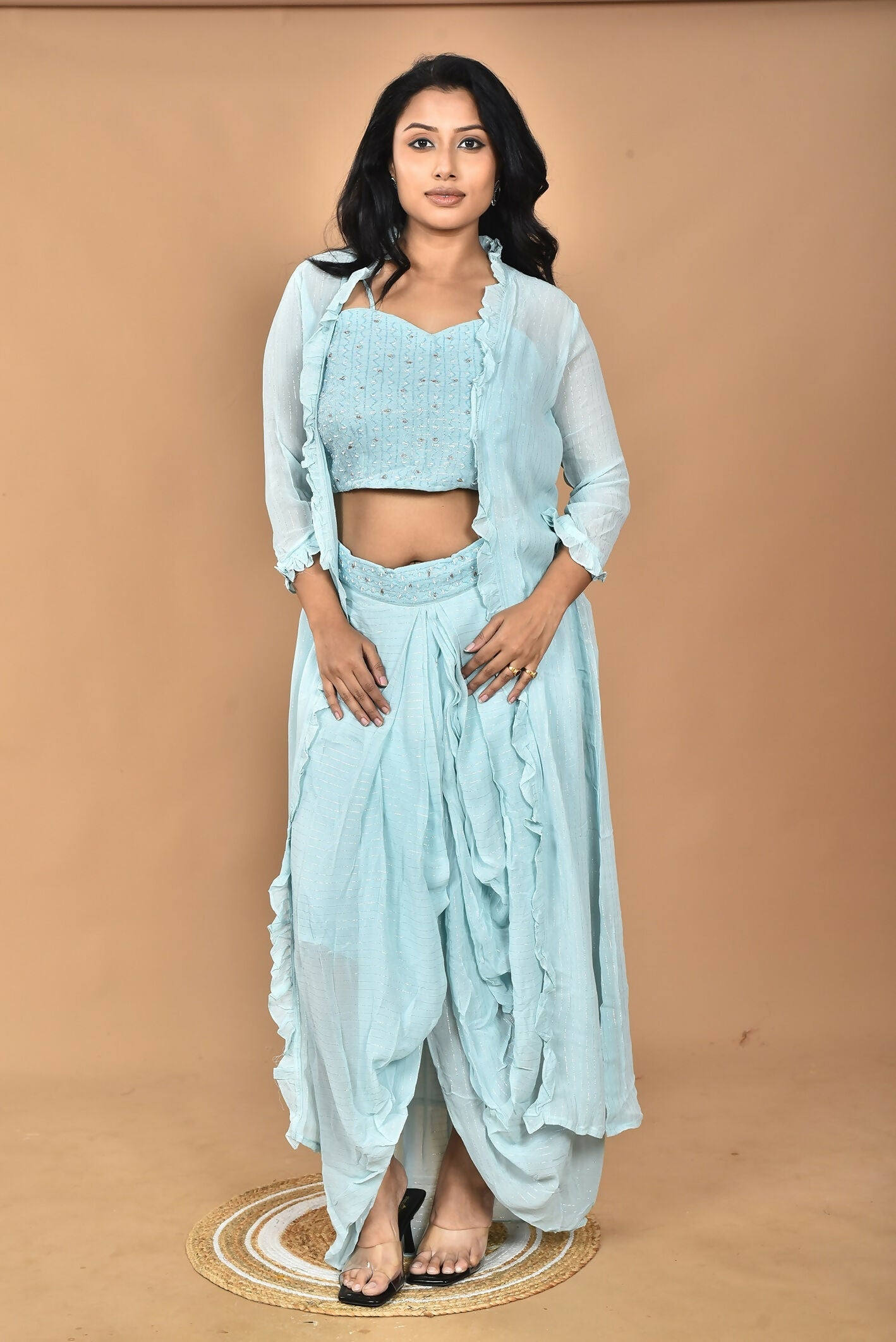 Morchari Women Hand Embroidery Crop Top-Sky - Swadesiicart